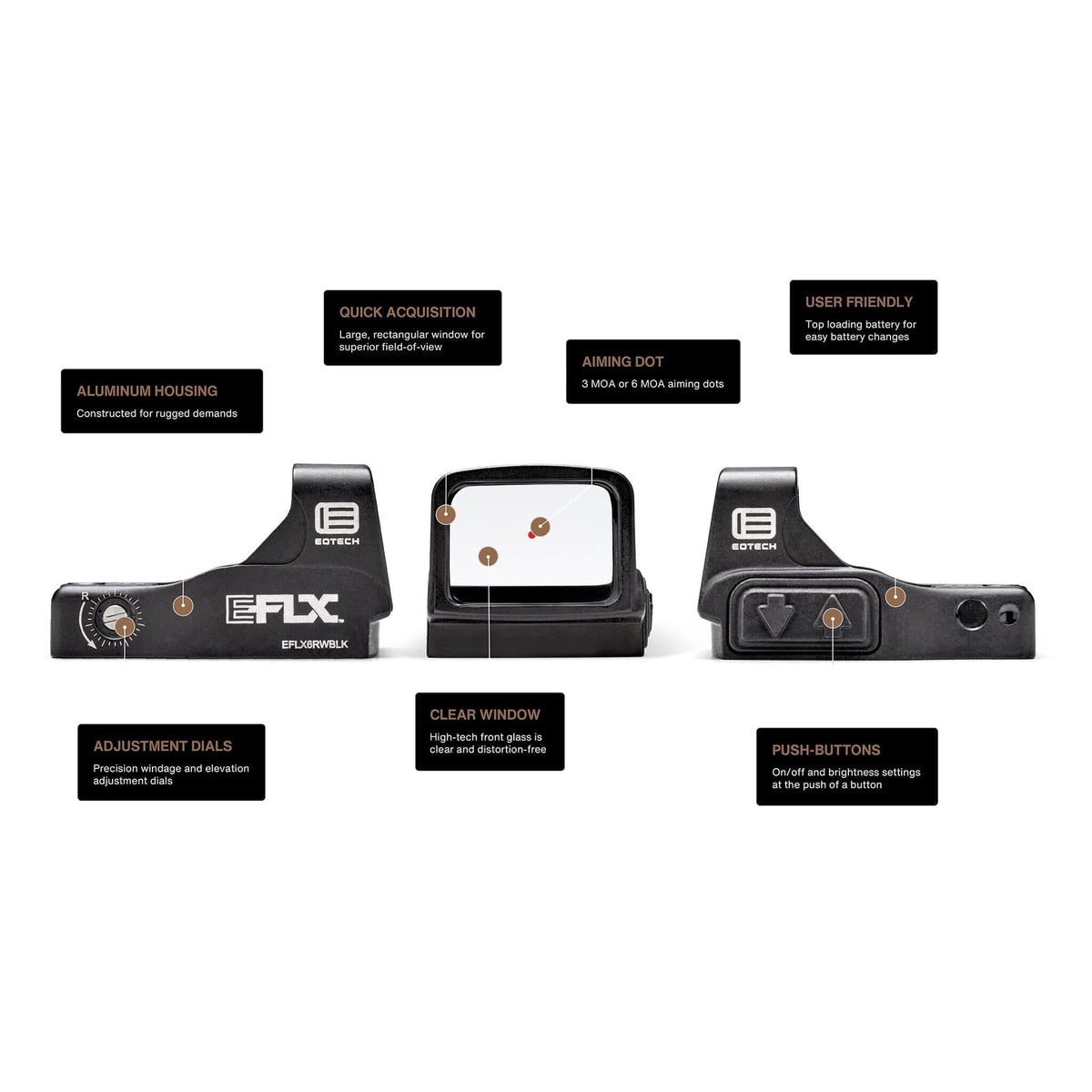 EOTech EFLX 3 MOA red dot sight in black, with 8 daylight brightness settings and a night-vision setting