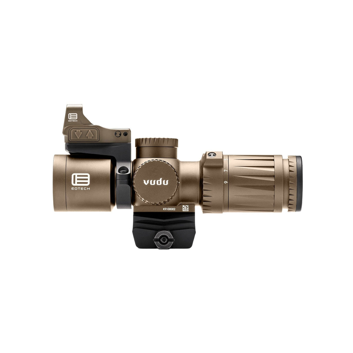 EOTech Vudu 3-9x32 MR5 MRAD rifle scope with EFLX red dot in Tan with the reticle in the second focal plane
