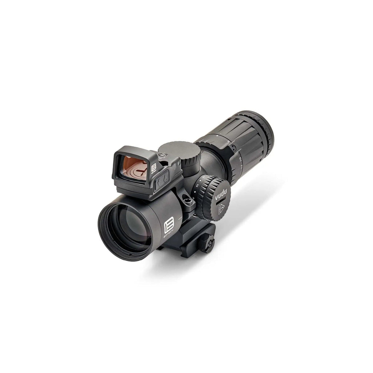 EOTech Vudu 4-12x36 MD5 MRAD rifle scope with EFLX red dot in matte black with the reticle in the first focal plane