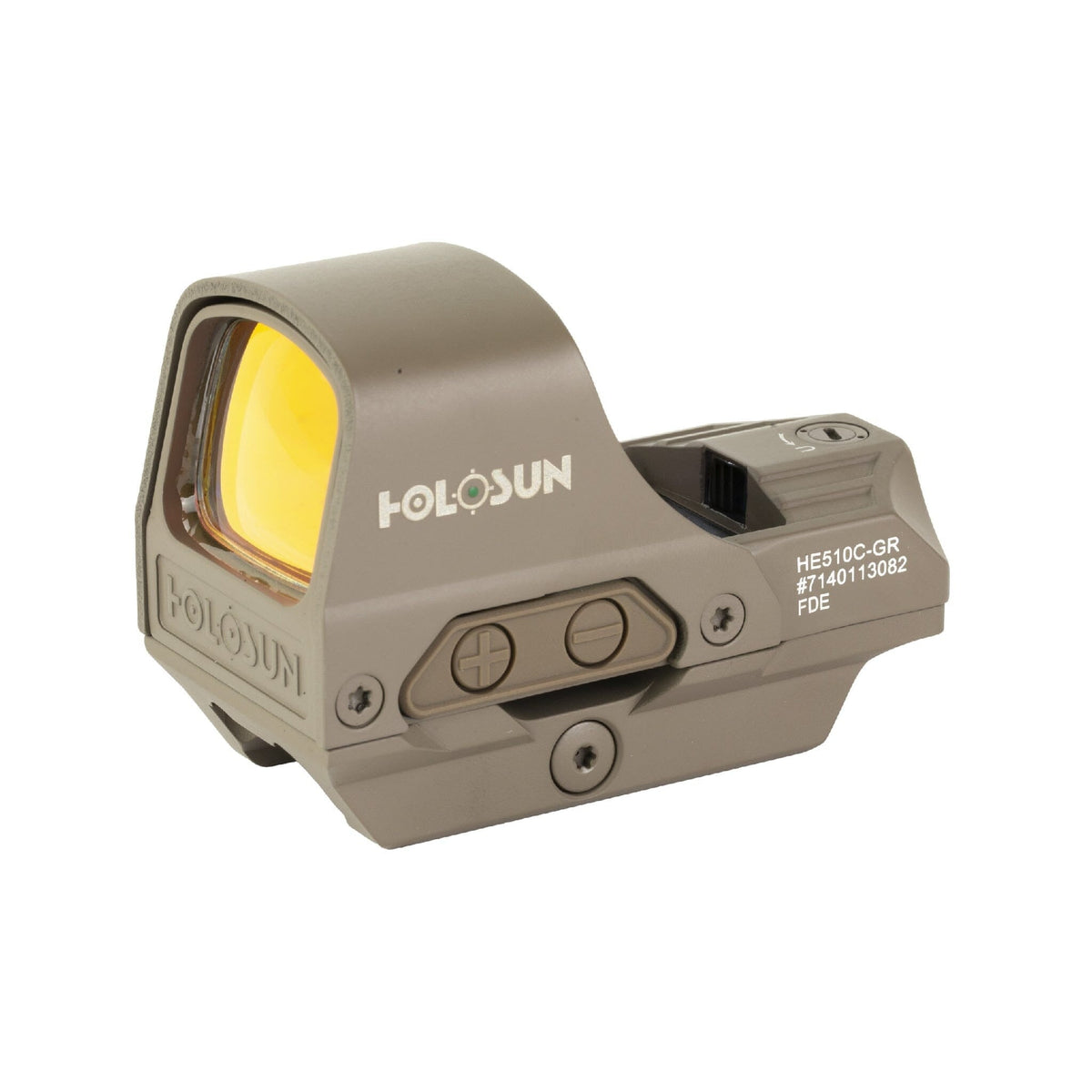 Holosun HS510C green dot sight in Flat Dark Earth with a titanium hood over the lens