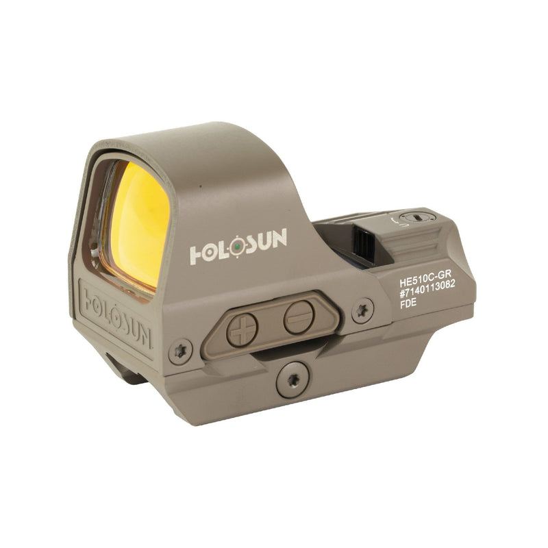 Holosun HS510C green dot sight in Flat Dark Earth with a titanium hood over the lens