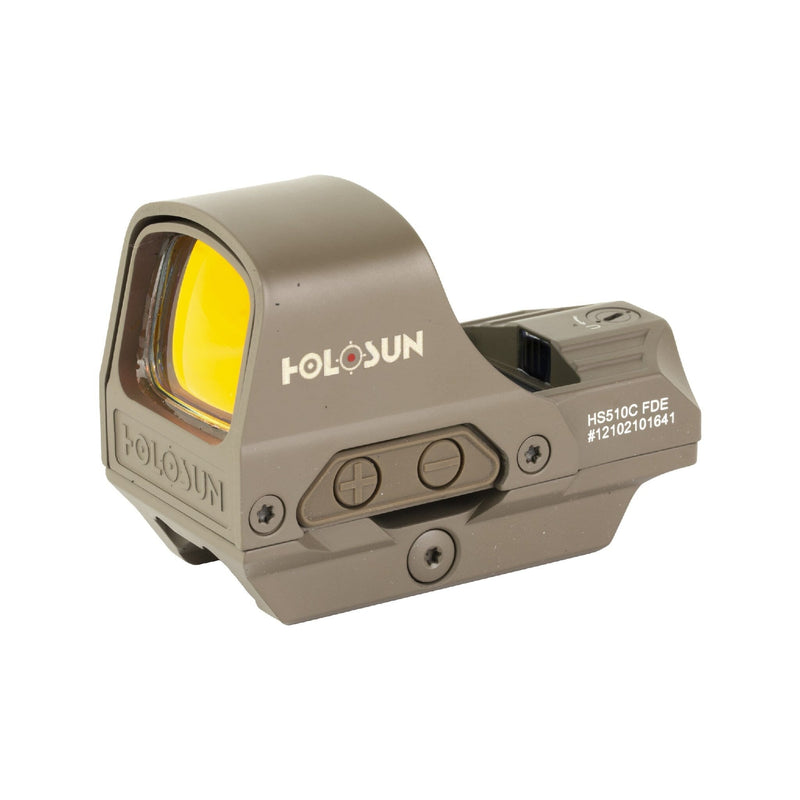 Holosun HS510C red dot sight in Flat Dark Earth with a titanium hood over the lens