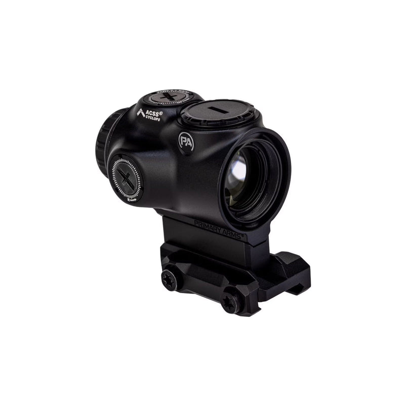 Primary Arms GLx 1X MicroPrism scope with a green illuminated ACSS Cyclops reticle at true 1x
