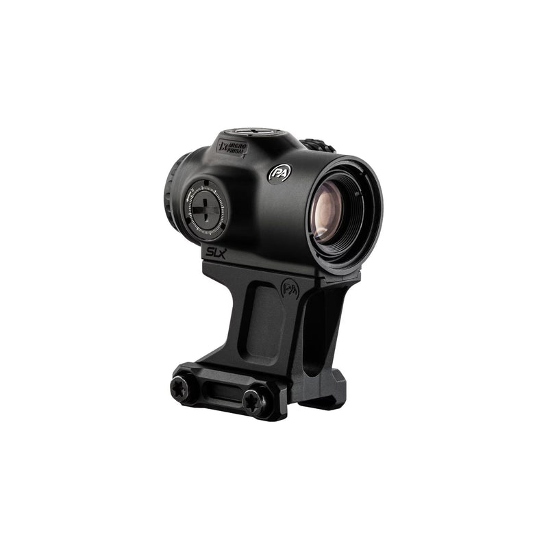 Primary Arms SLx 1X MicroPrismT scope with a red illuminated ACSS Cyclops Gen II reticle at true 1x