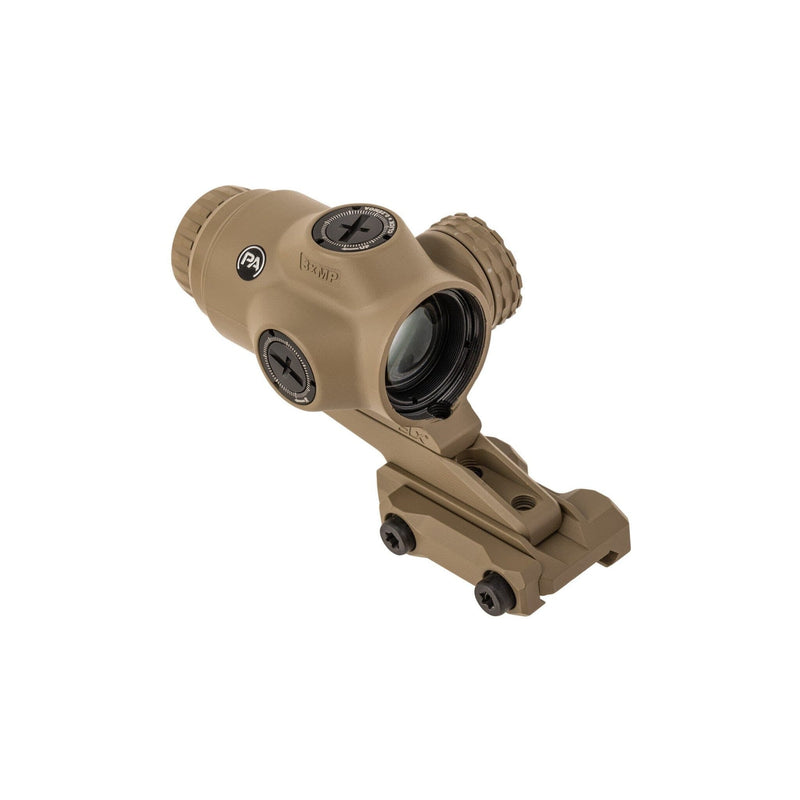 Primary Arms SLx 3X MicroPrism scope in Flat Dark Earth with a red illuminated ACSS Raptor 5.56 and .308 yard reticle