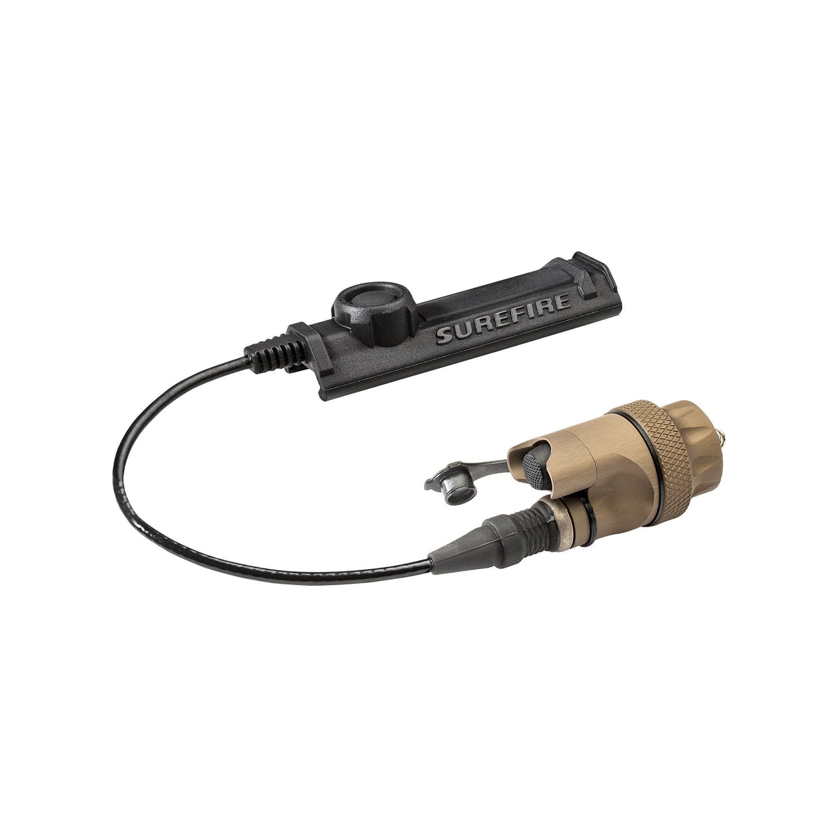 SureFire DS-SR07 Scout Light dual switch assembly in tan combining a tailcap click switch with a remote tape pad